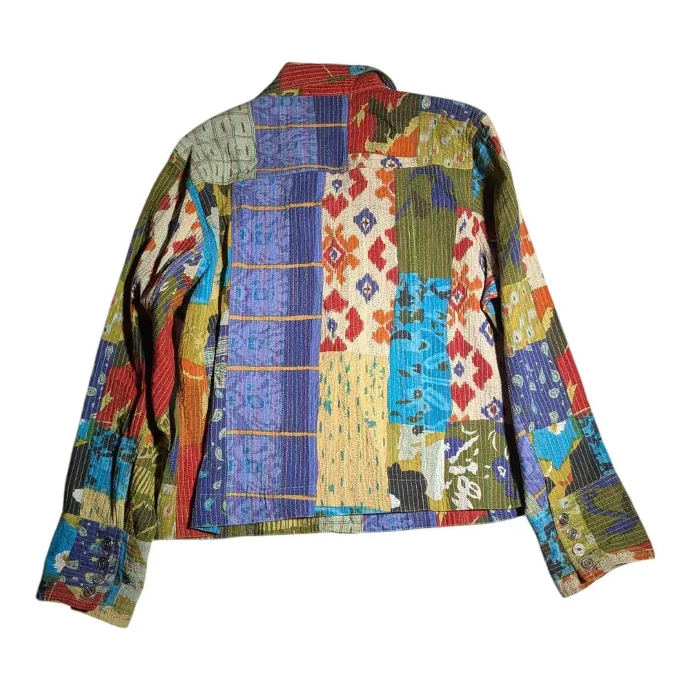 Vtg 1990s Chico's Colorful Patchwork Quilted Button Up 100% Cotton Jacket 2 L